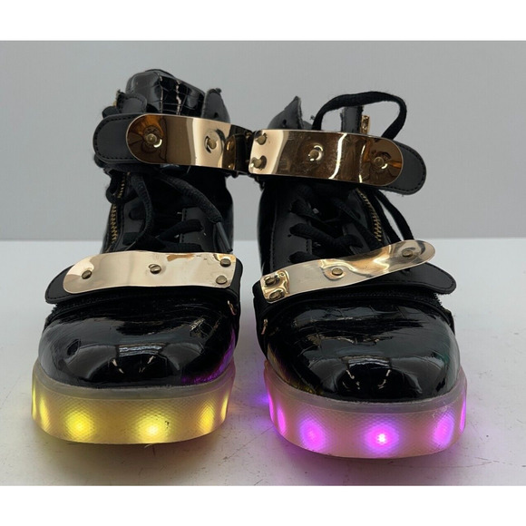 High Top LED Light Up Shoes Black Gold Sneakers Glow Sole Unisex Size 39 - Picture 2 of 15